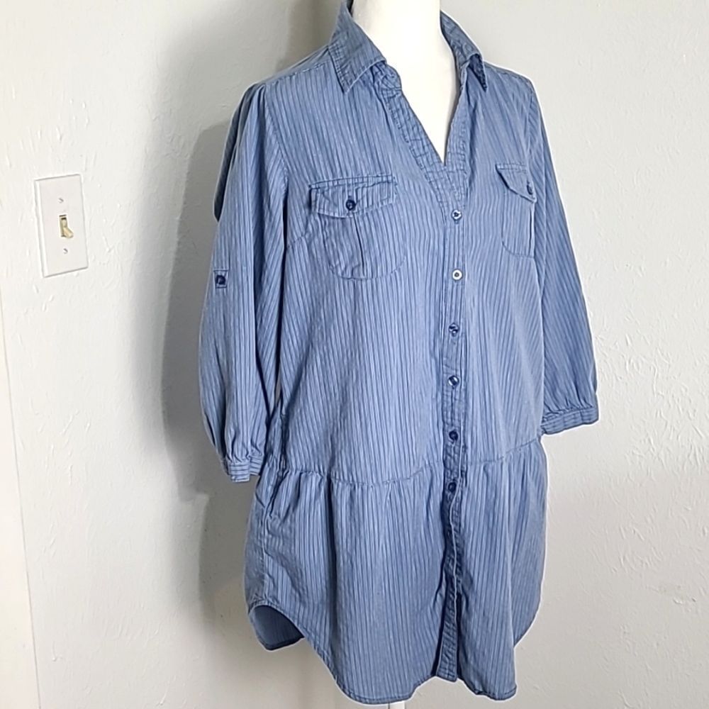 Prototype Blue & White Pinstripe Peplum Buttondown Top, Size Large